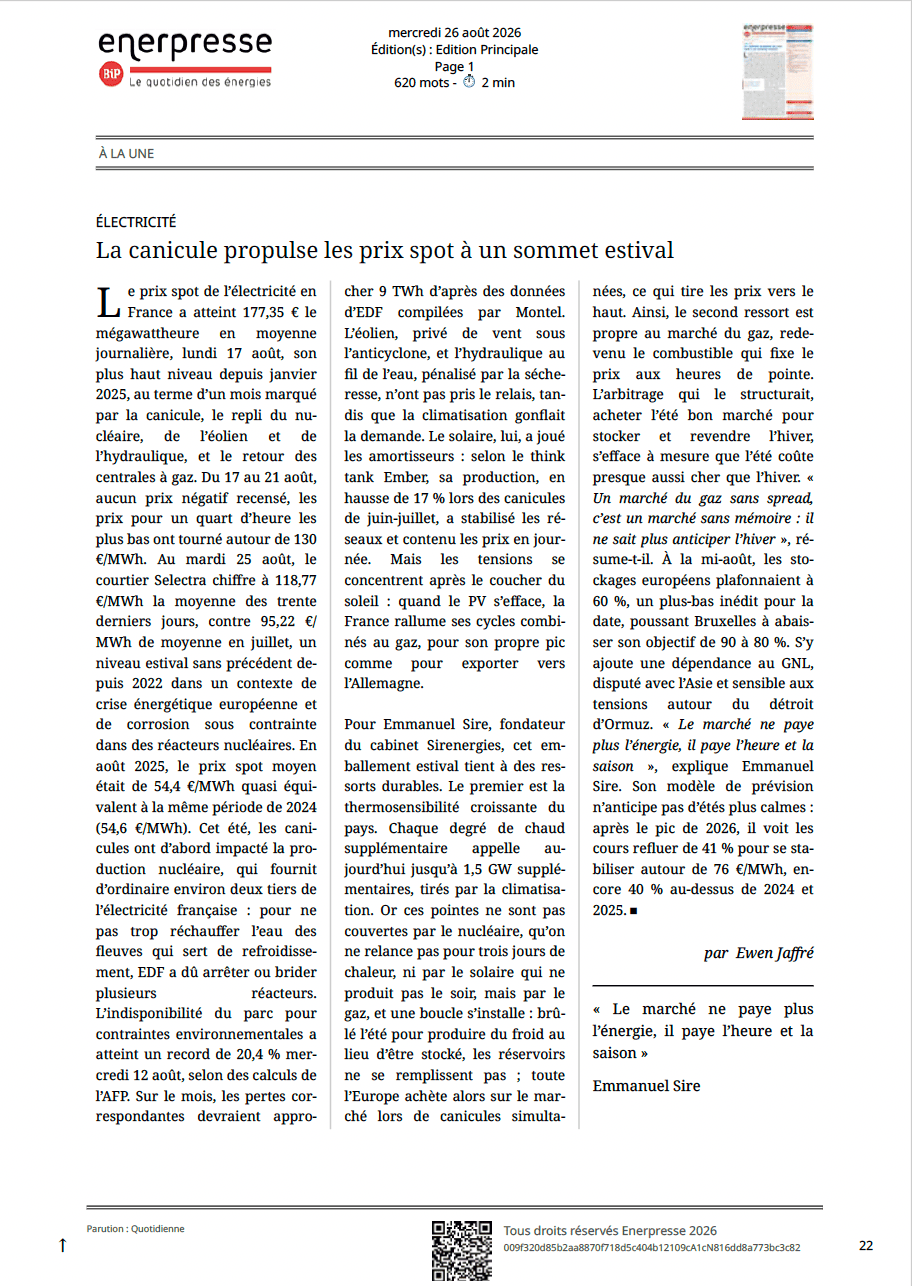 Extrait article Enerpresse - 26 août 2026, par Ewen Jaffré.