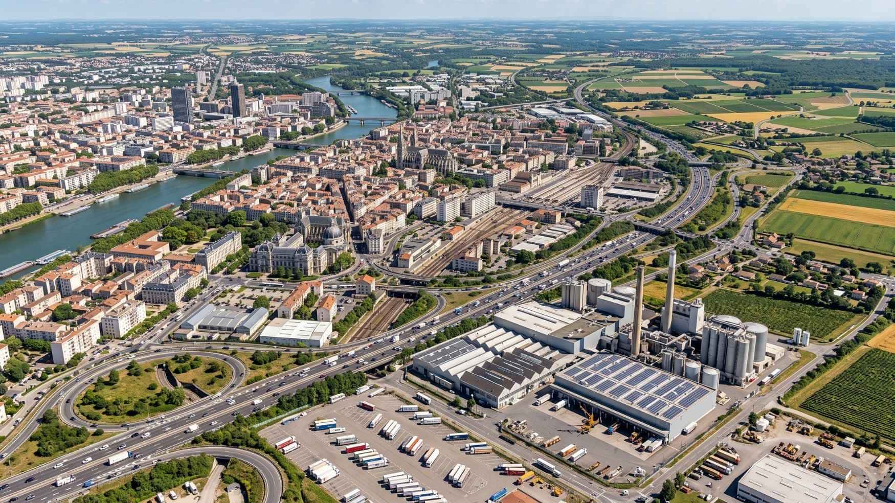 Vue aérienne hyper-réaliste d'une grande ville française sous un ciel bleu. Au premier plan, on aperçoit un vaste complexe industriel avec des usines, des silos et un grand parking rempli de camions. La zone est traversée par un grand échangeur autoroutier où circulent de nombreuses voitures et poids lourds. À l'arrière-plan, un centre-ville dense à l'architecture historique est scindé par un fleuve sinueux, tandis que la périphérie de la ville laisse place à de vastes champs agricoles verts et dorés s'étendant jusqu'à l'horizon.