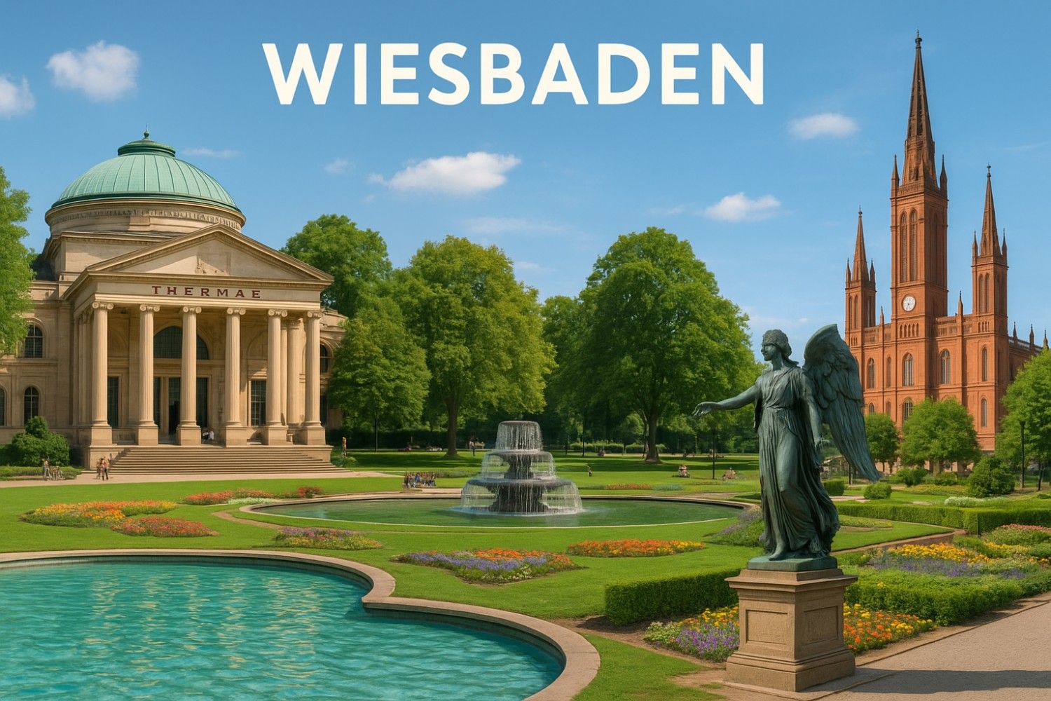 Eine Montage von Wiesbadens Wahrzeichen: Kurhaus, Marktkirche und Bowling Green