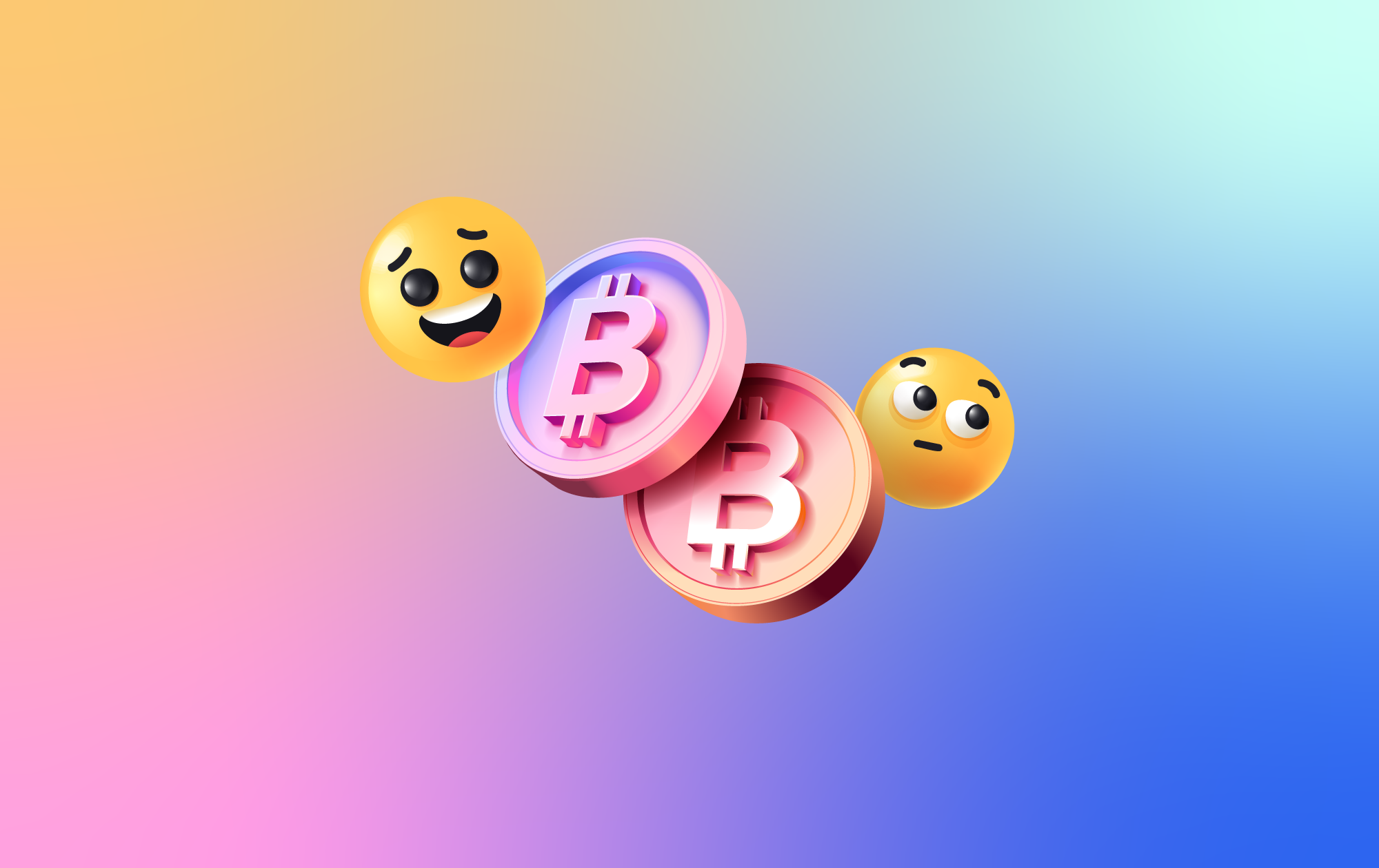 3D Bitcoin coins with happy and skeptical emojis on gradient background symbolizing crypto sentiment.