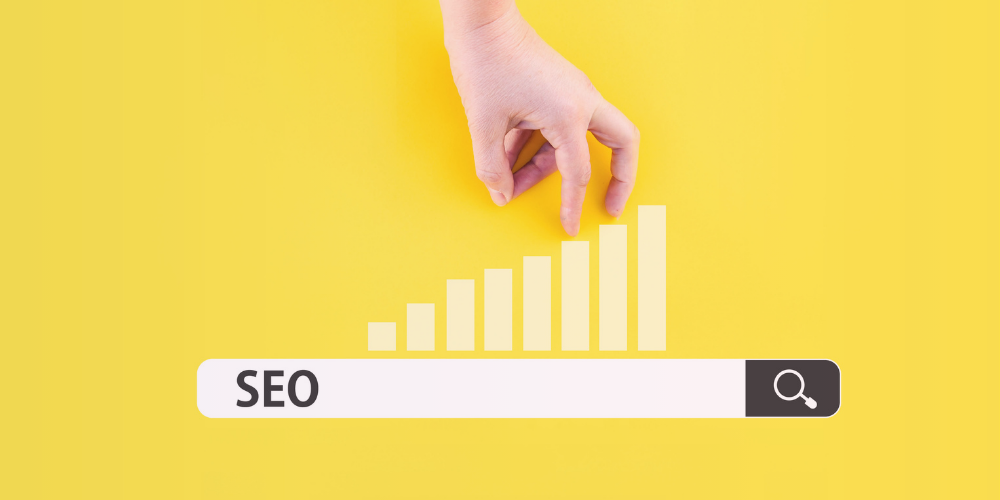 A hand walking up an abstract bar graph emanating from a search bar with the text "SEO" indicating search engine optimization progress or ranking improvement.