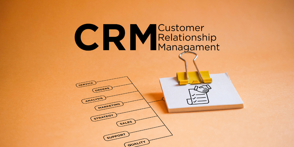 Concept image of CRM (Customer Relationship Management) elements, with a flowchart labeled 'Service, Orders, Analysis' leading to a notepad, symbolizing the structured approach of a remote company to customer relations.