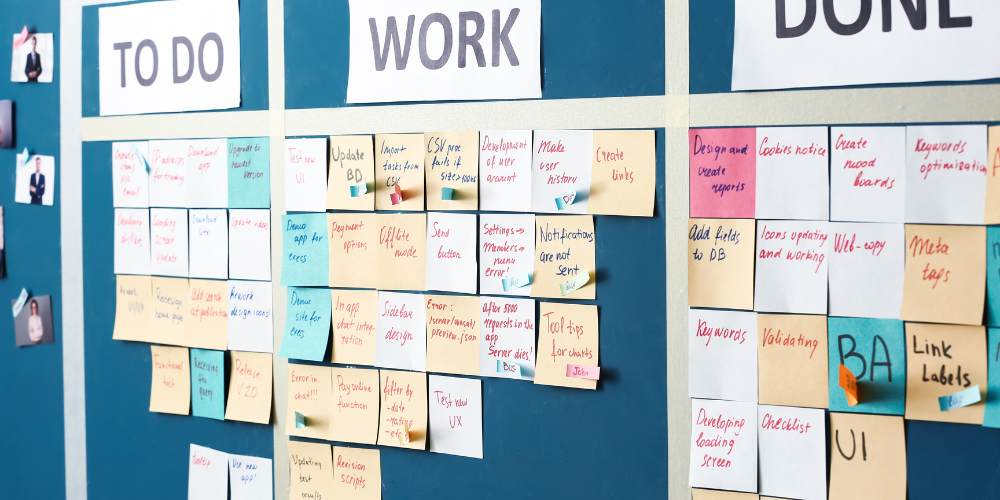 A Kanban board with 'To Do', 'Work', and 'Done' columns filled with colorful sticky notes, representing task management and workflow organization in a remote company setting.