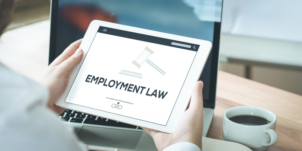 A professional holding a tablet displaying the title 'EMPLOYMENT LAW' with a gavel icon, emphasizing legal aspects of workplace management.