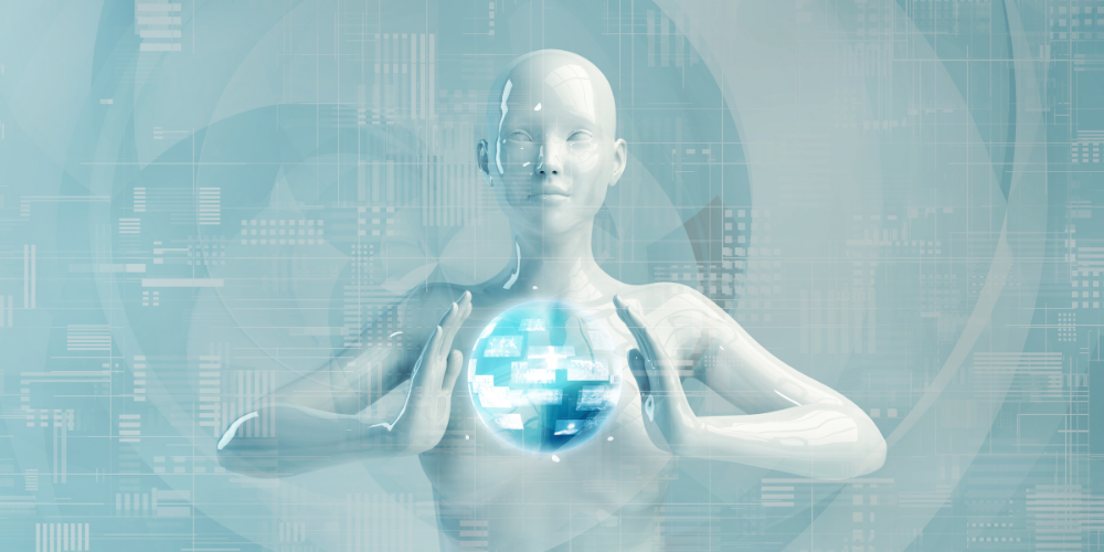 The image features a digital humanoid figure with a transparent body, holding a glowing globe. This representation is often associated with artificial intelligence, virtual reality, or futuristic technology concepts. The backdrop consists of digital data and interface elements, enhancing the high-tech theme.