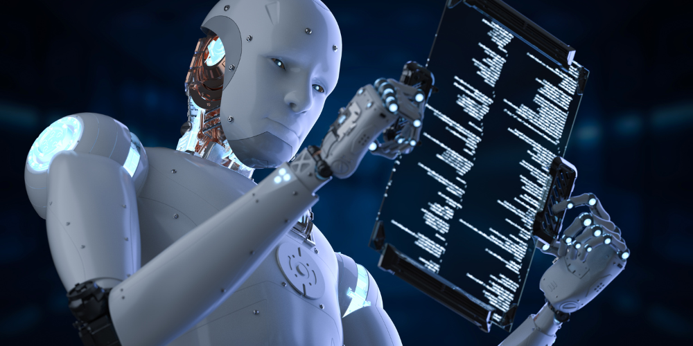 A humanoid robot with a detailed head and shoulder structure, holding and looking at a screen with code on it. The setting appears to be a dimly lit room with a futuristic vibe.