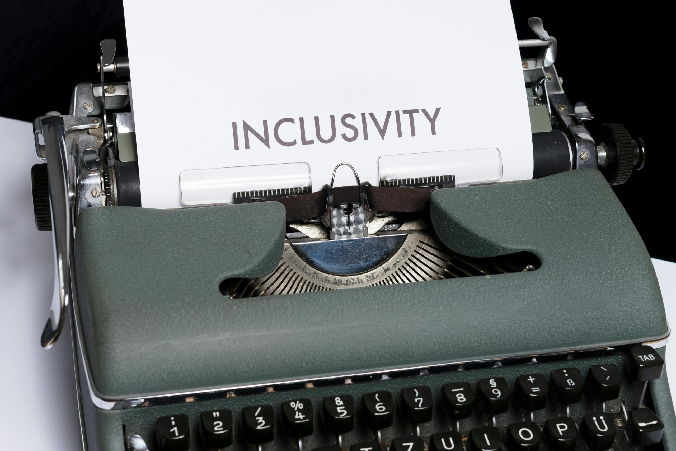 Vintage typewriter with a paper that has the word 'INCLUSIVITY' typed in capital letters.