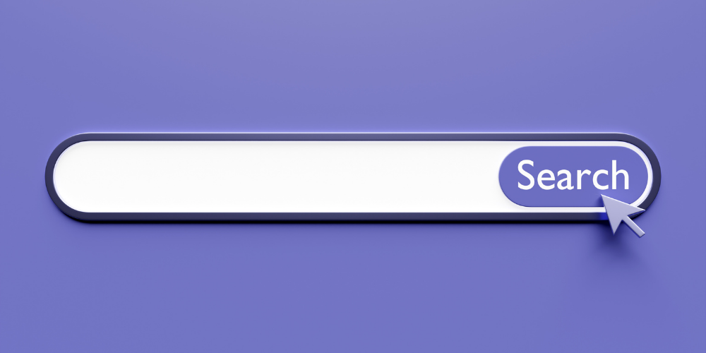 The image features a graphical representation of an online search bar with a 'Search' button and a mouse cursor hovering over it, set against a solid purple background. The design is minimalistic and modern, commonly used to represent internet searches and digital query input fields.