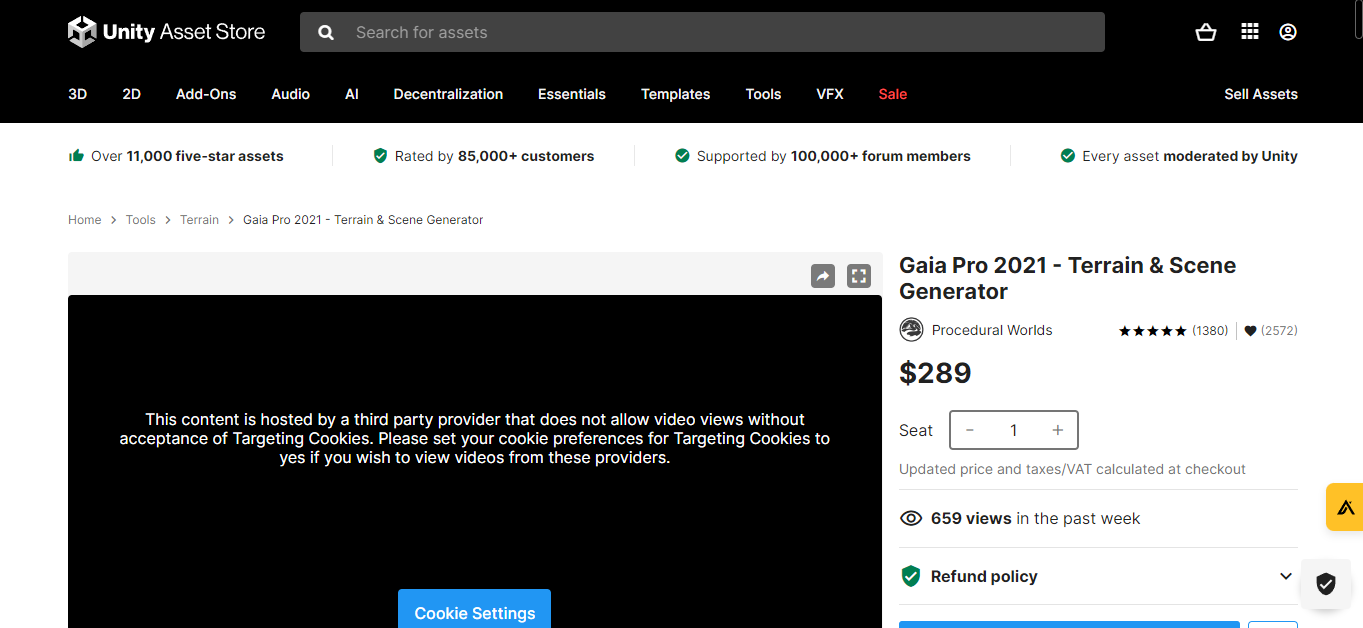 A screenshot of the Unity Asset Store page for 'Gaia Pro 2021 - Terrain & Scene Generator,' rated 5 stars by 1,380 users, priced at $289. Notable features include over 11,000 five-star assets, support by over 85,000 customers, and moderation by Unity. A message indicates that video content is blocked due to third-party cookie settings.