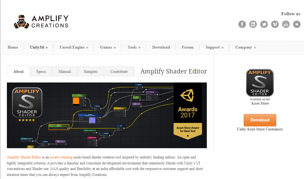 A screenshot from Amplify Creations' website featuring the Amplify Shader Editor, with a graphical interface of node-based shader creation tools. The page highlights the editor's award for 'Asset Store Award for Best Tool 2017' and offers a download option for Unity Asset Store customers.