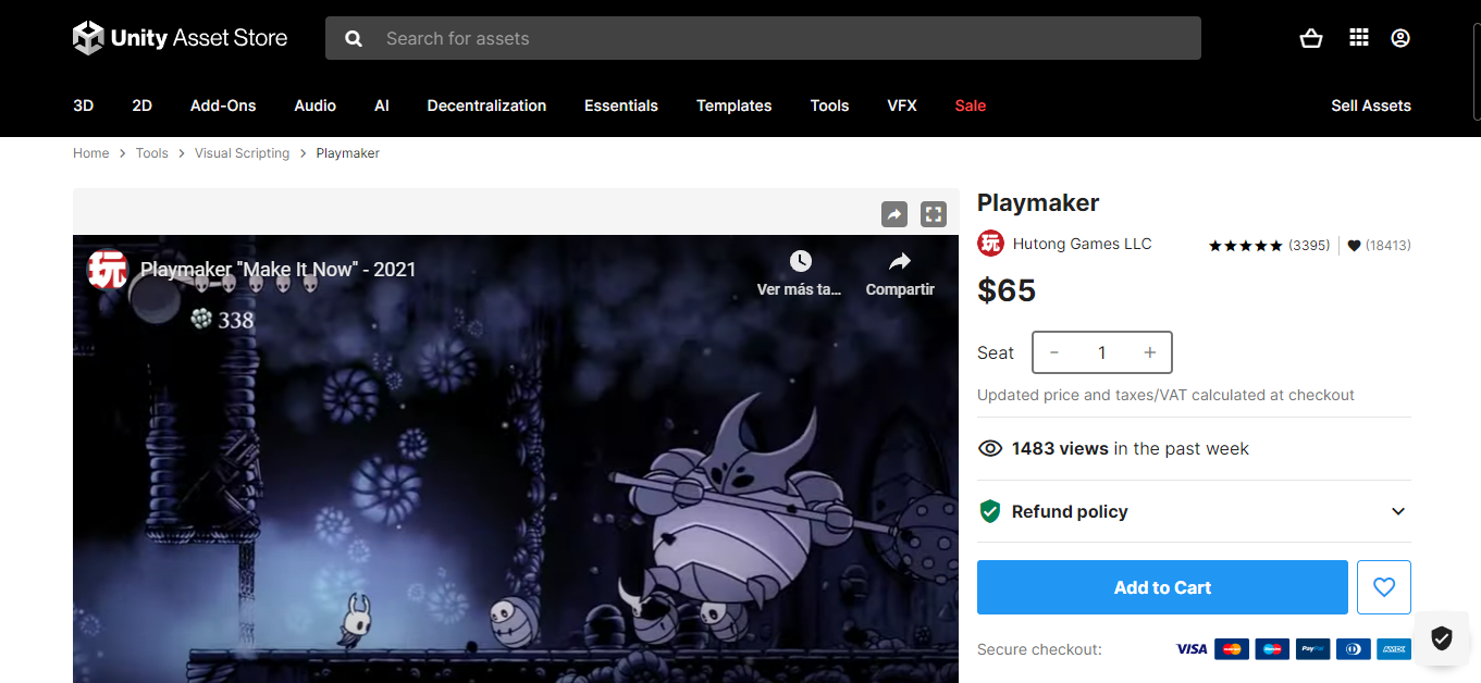 A screenshot from the Unity Asset Store featuring 'Playmaker - Make It Now' - 2021, a visual scripting tool by Hutong Games LLC, rated 5 stars by 3,395 users. Priced at $65, the page shows a gameplay image with a stylized character and the number of views in the past week.