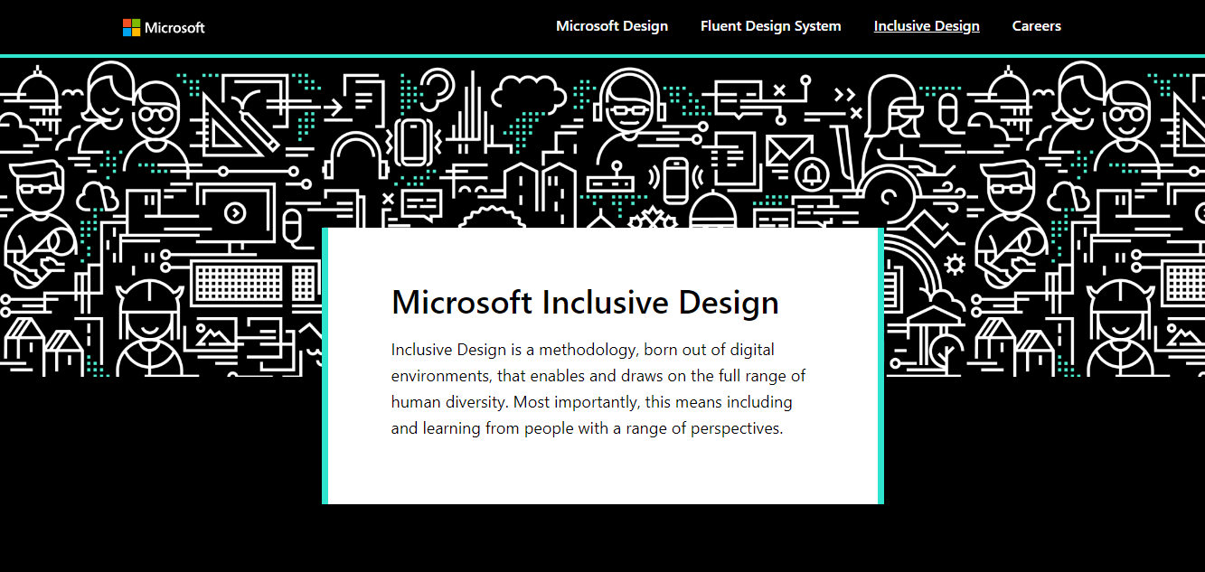 Microsoft Inclusive Design webpage showcasing a graphic banner with diverse people and technology symbols, emphasizing the importance of inclusion in design.