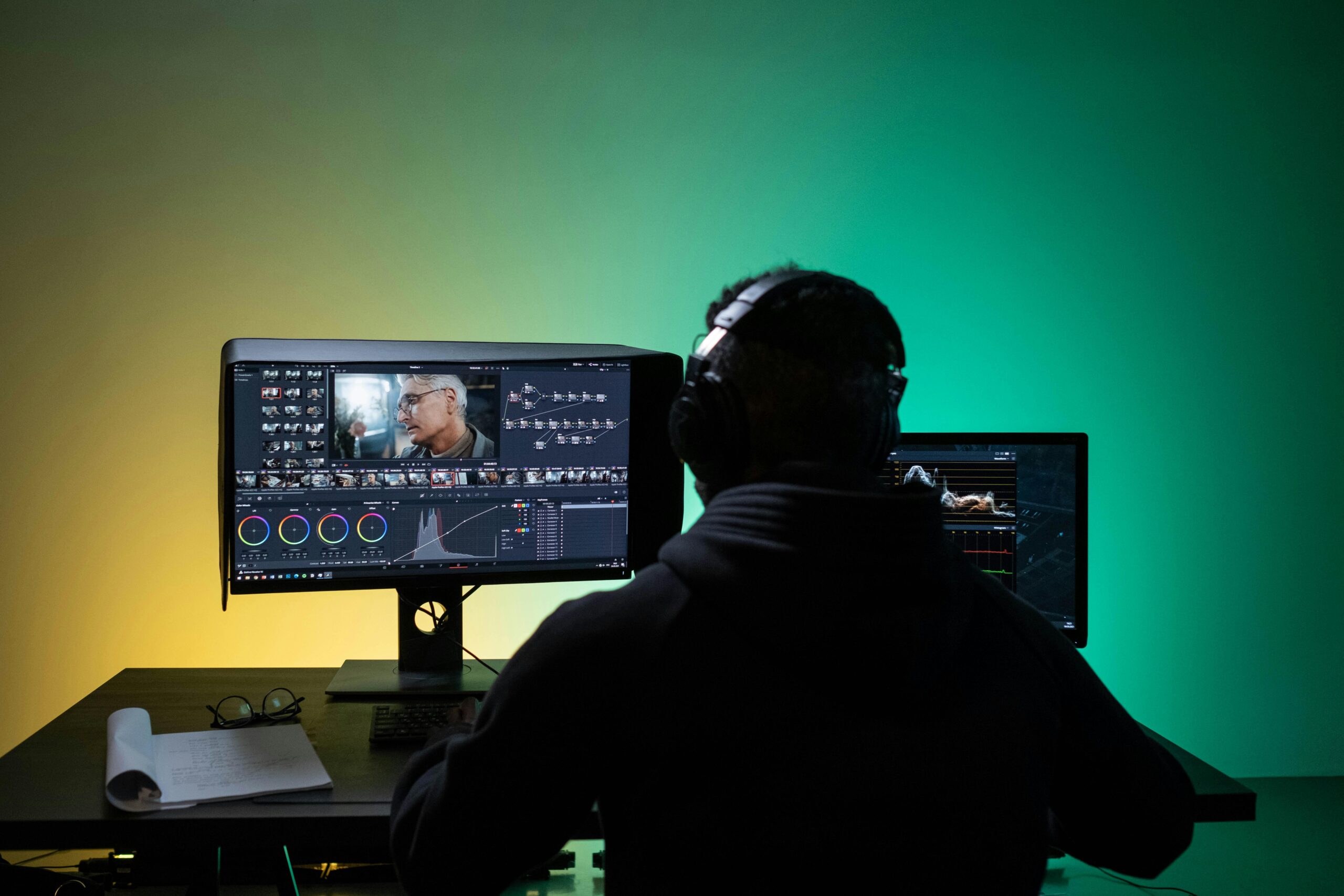 A person with headphones editing video on a computer with dual monitors, against a gradient green background.