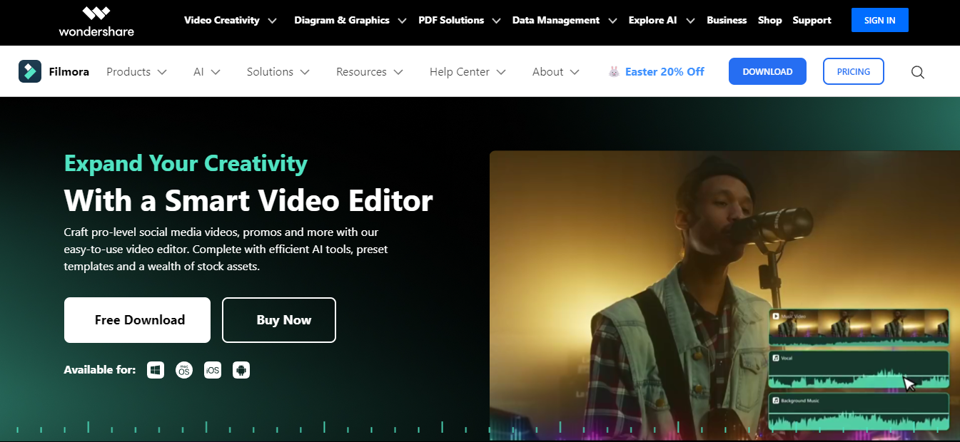 Screenshot of Filmora's website showcasing the video editing software with a musician's image in the background.
