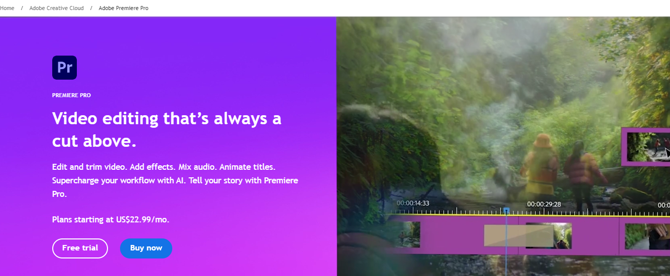 Screenshot of Adobe Premiere Pro's promotional webpage offering video editing tools.