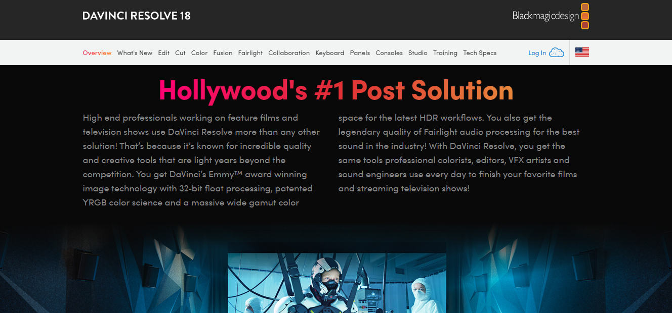 Screenshot of the DaVinci Resolve 18 promotional webpage, highlighting its status as Hollywood's #1 Post Solution.