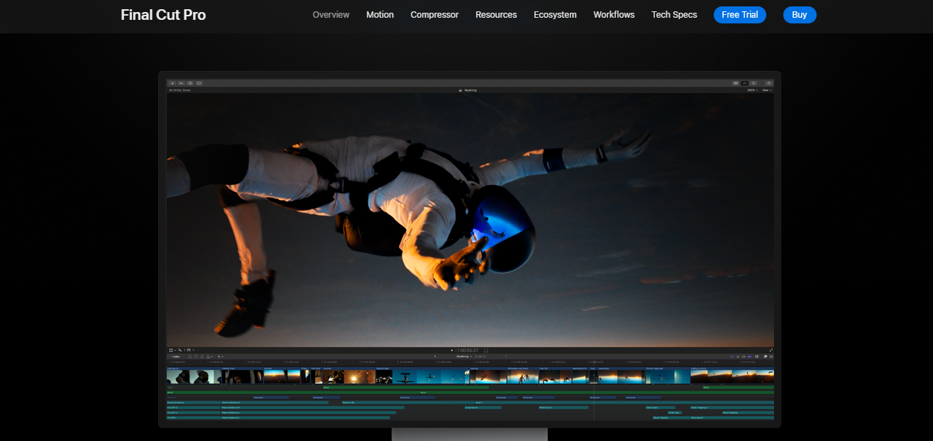 Screenshot of Final Cut Pro's interface featuring a skydiver in mid-air on the video editing timeline.