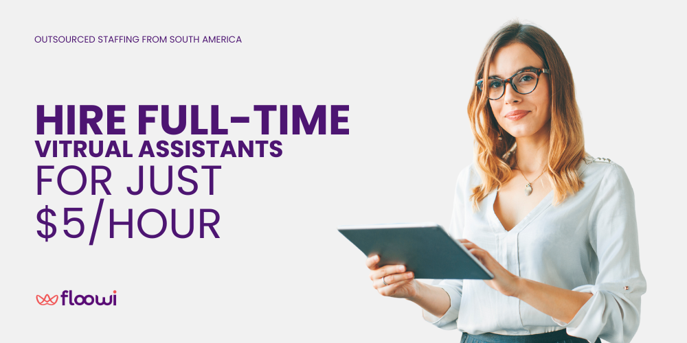 An advertisement featuring a woman with glasses holding a tablet, text promoting hiring virtual assistants for $5/hour.