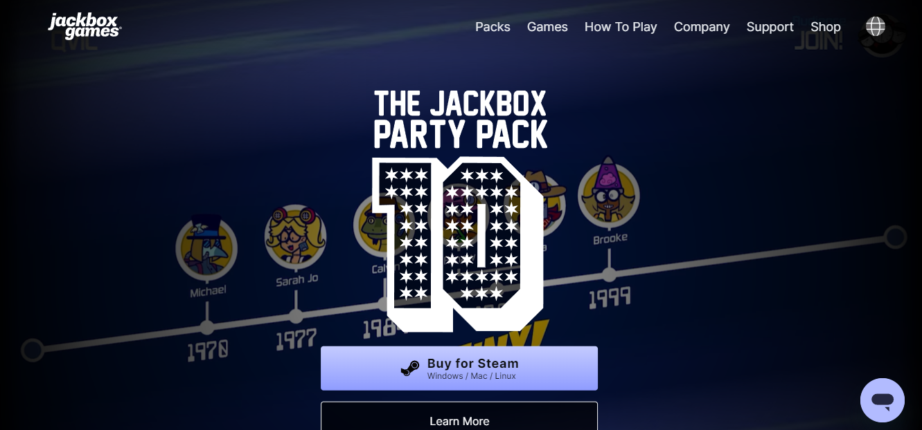 Promotional page for The Jackbox Party Pack 10 featuring a timeline of previous games.