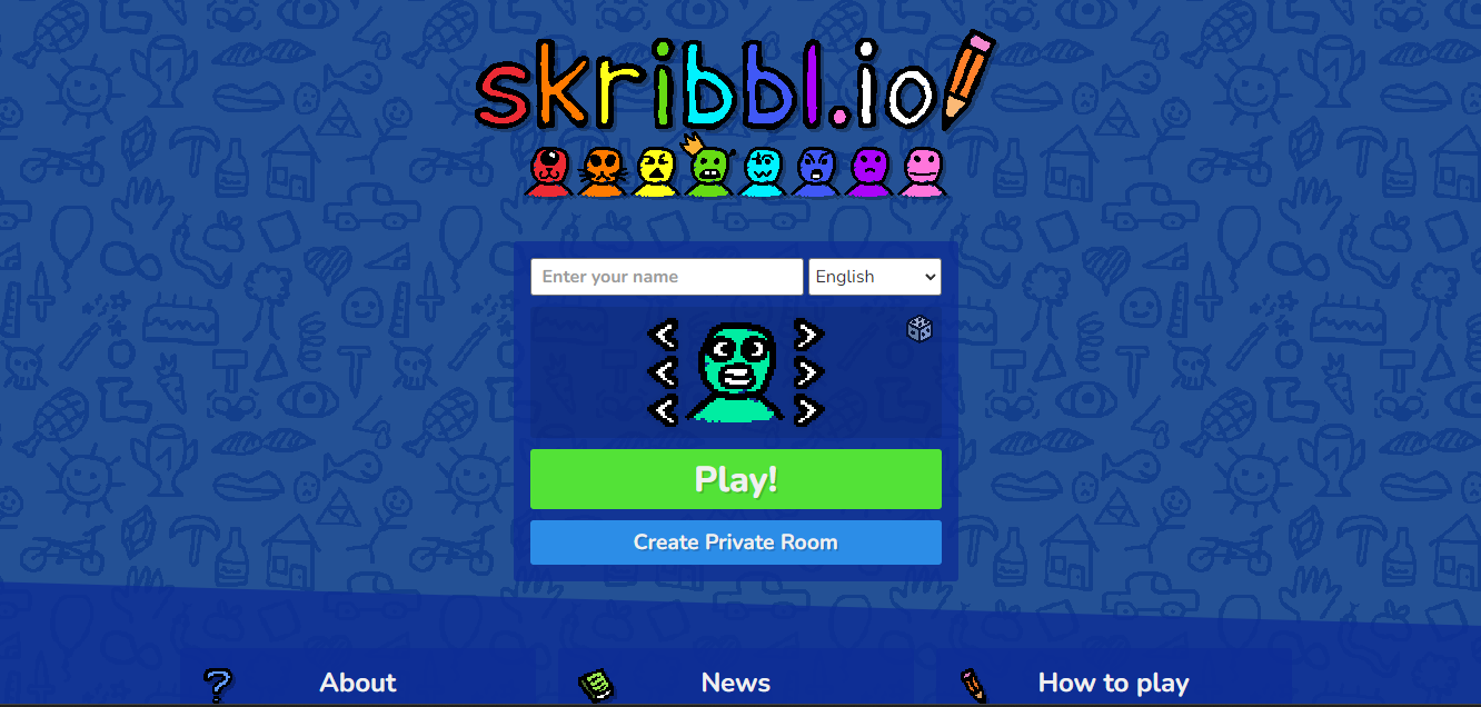 Homepage of Skribbl.io with a colorful header, character icons, and a play button.