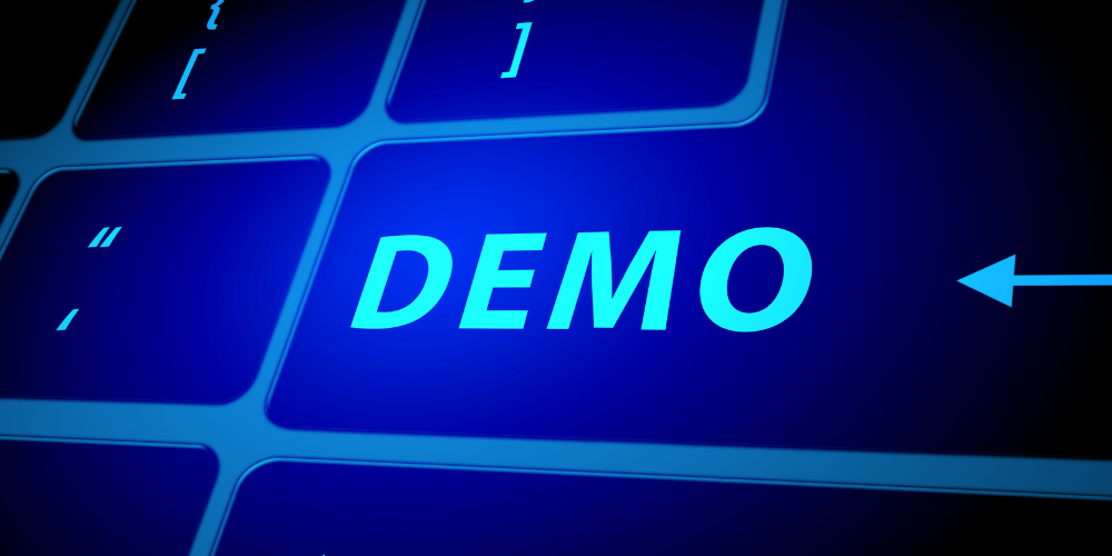 A close-up of a keyboard with a key labeled 'DEMO', suggesting a software demonstration or trial.