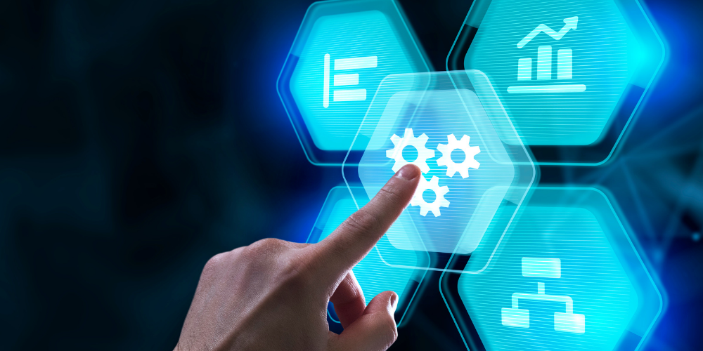 A person interacting with a futuristic digital interface with icons related to finance and business, implying advanced business analytics or management.