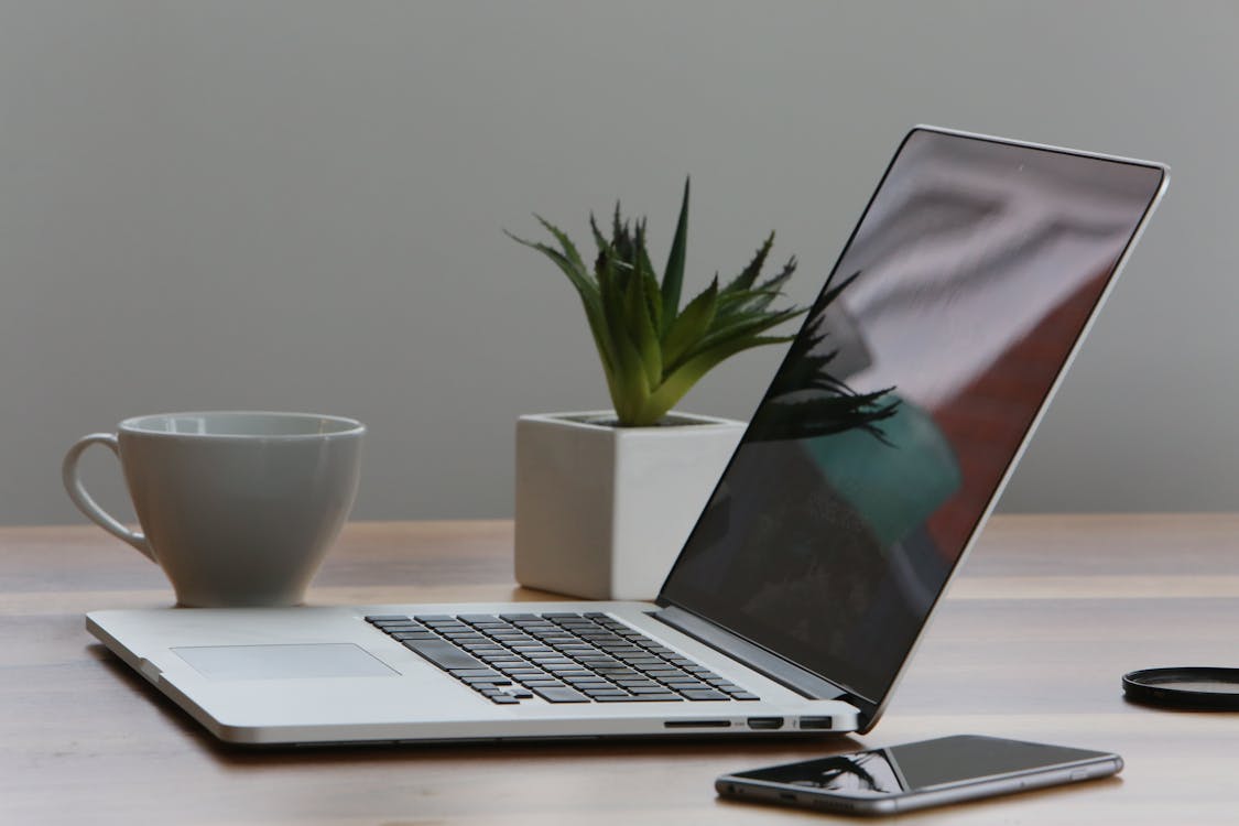A minimalist workspace featuring an open laptop beside a coffee cup and a potted plant.