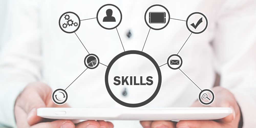 Close-up of a person's hands holding a tablet displaying a skills network diagram, symbolizing skills-based hiring or assessment.