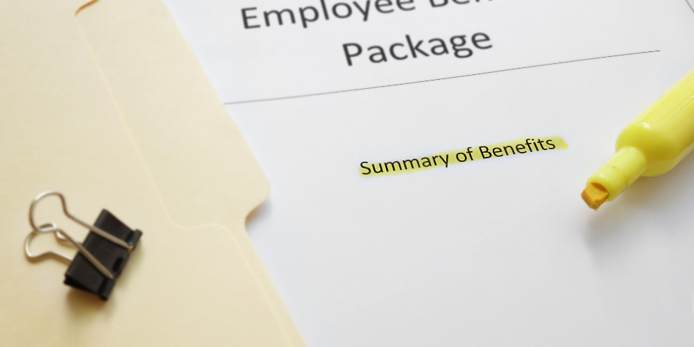 A close-up of a document labeled "Employee Benefit Package" with a highlighted section titled "Summary of Benefits".