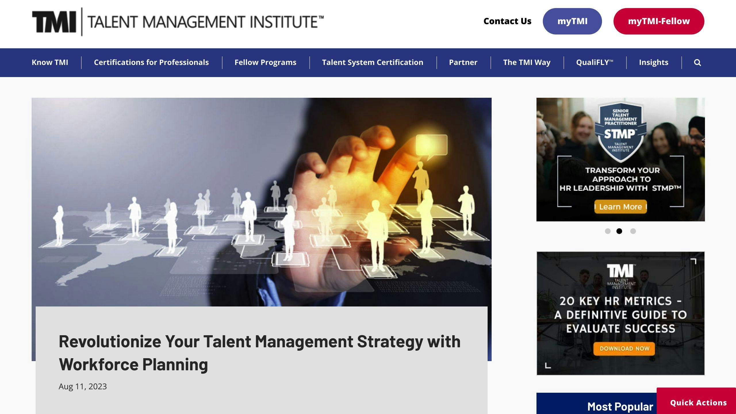 A blog post image from the Talent Management Institute discussing talent management strategy with silhouettes of people on a networked grid, symbolizing workforce planning.