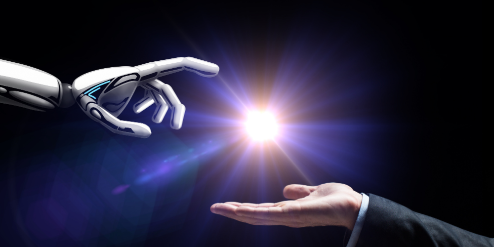 An image of a robotic hand reaching towards a human hand, representing concepts like artificial intelligence, the future of technology, or human-robot interaction.