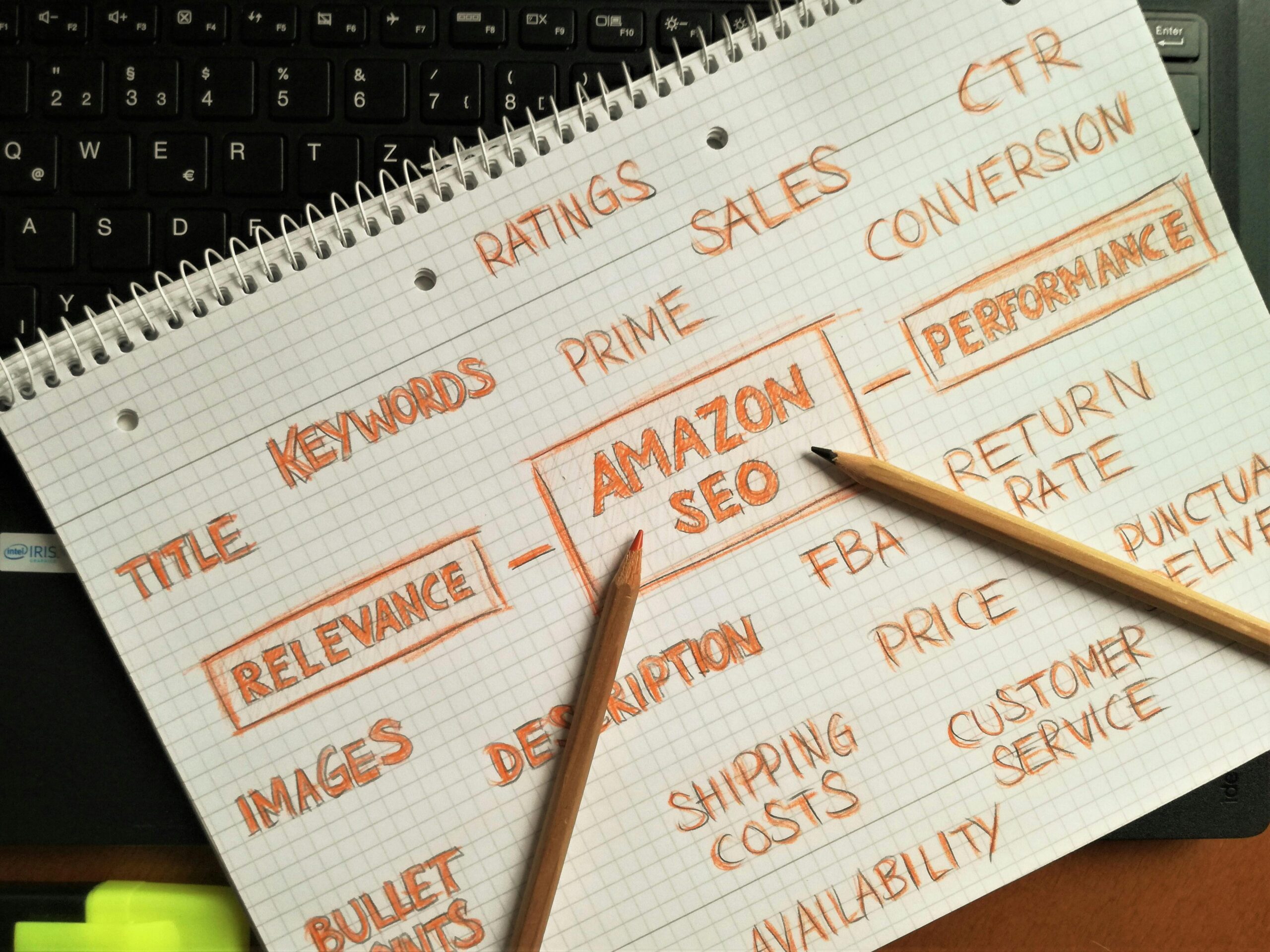 Notebook with handwritten notes on Amazon SEO strategies and a pencil.
