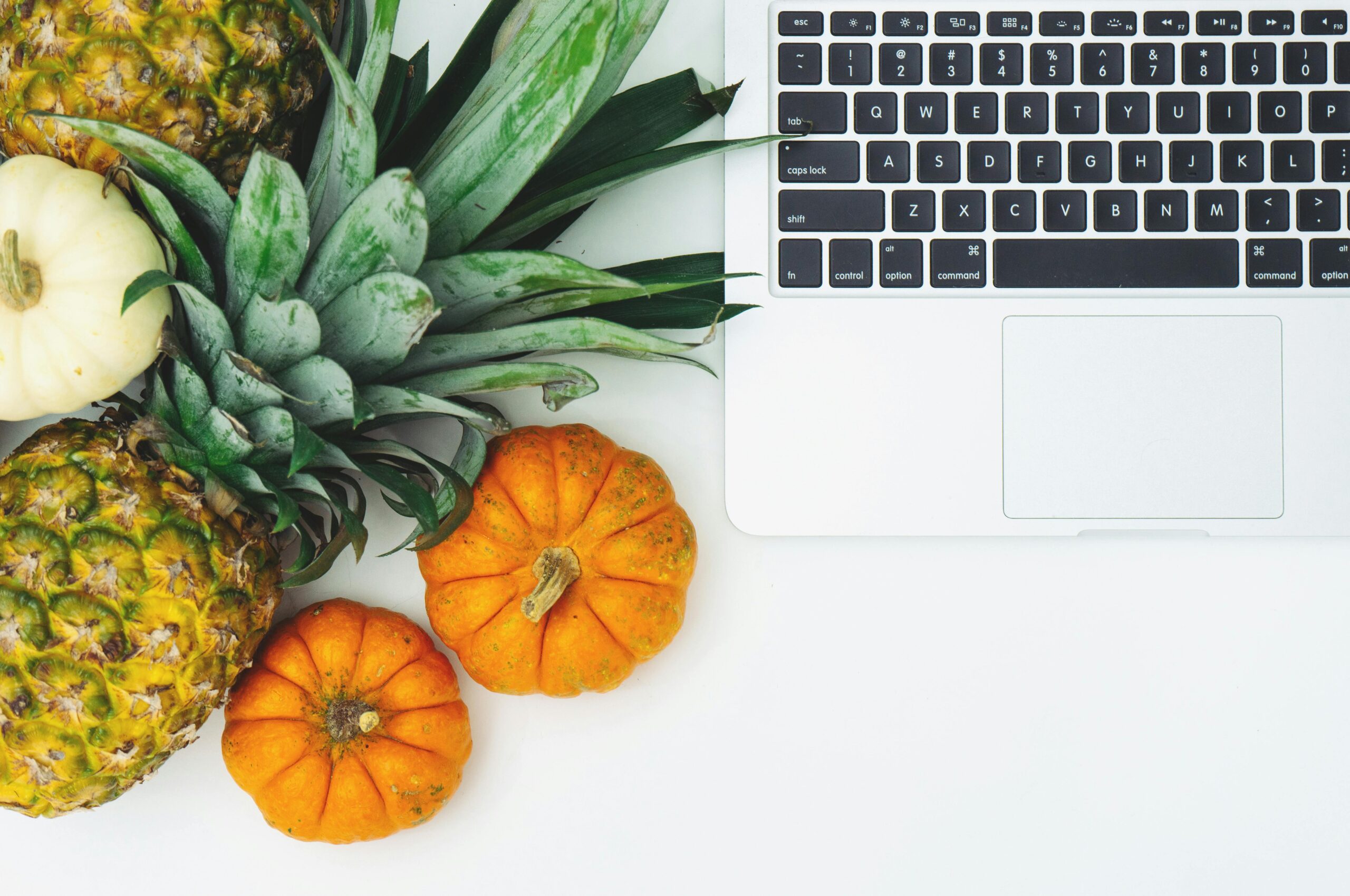 MacBook with fresh pineapples and pumpkins arranged around it