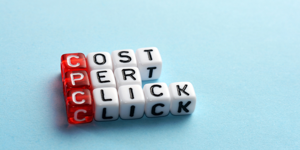 Dice spelling out "CPC COST PER CLICK" on a light blue background, indicating digital advertising metrics.