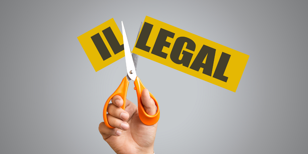 A metaphorical representation of cutting through the word "ILLEGAL" with scissors, suggesting the act of correcting or removing illegal practices or behaviors.
