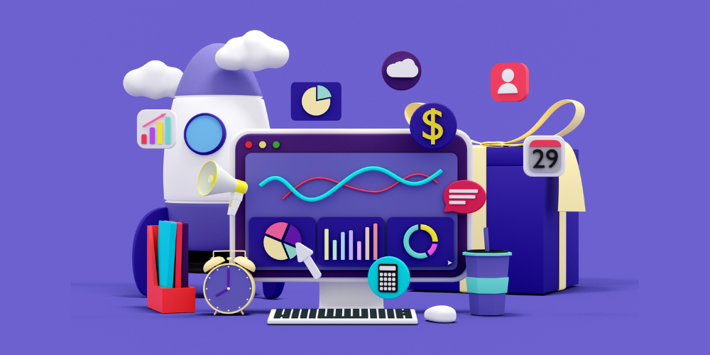 A digital illustration featuring a stylized computer screen with various productivity and business icons, symbolizing digital work or online business management.