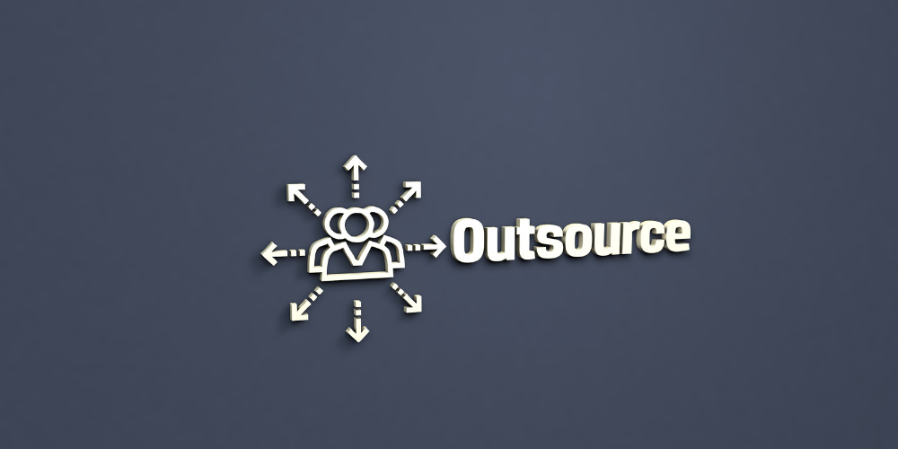 The word "Outsource" with a central figure and arrows pointing outward to other figures, illustrating the concept of outsourcing tasks or jobs.