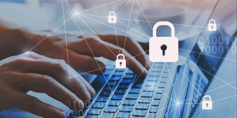 Hands typing on a laptop keyboard with overlaying icons of locks and digital connections, representing cybersecurity or data protection.
