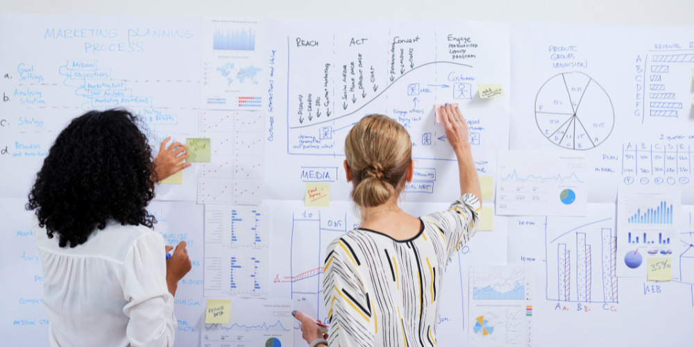 Two people collaborating and placing sticky notes on a whiteboard filled with marketing planning processes and data charts.