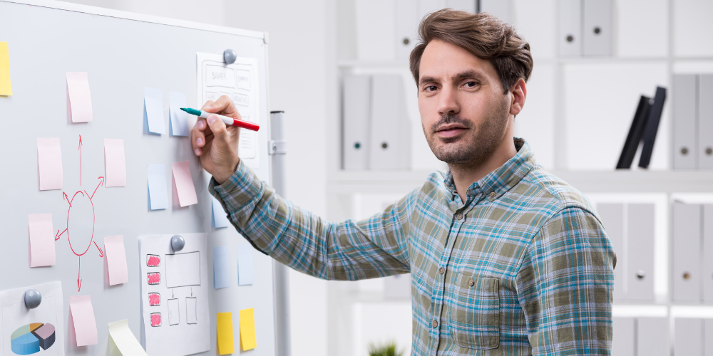 A man writing on a whiteboard with sticky notes, depicting a brainstorming or planning session.