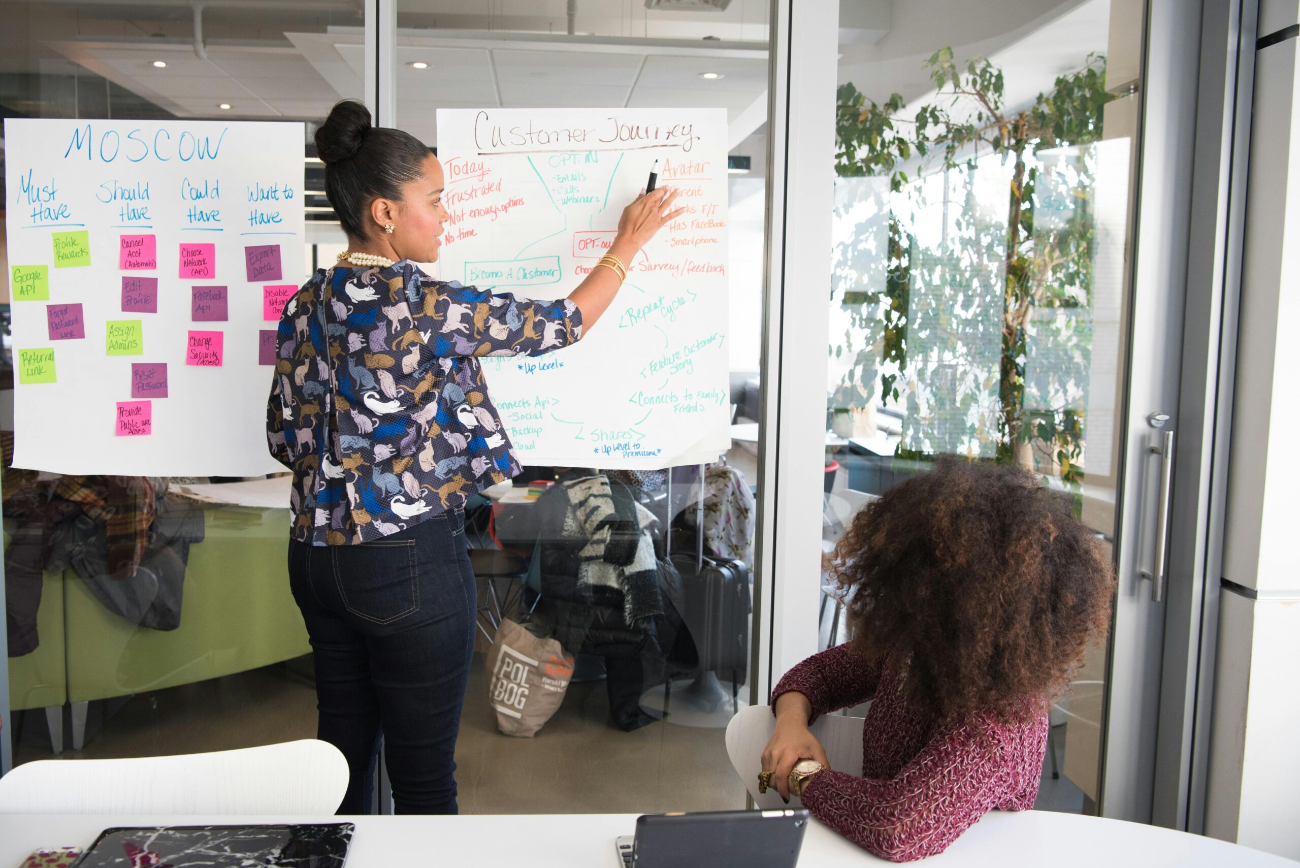 Two professionals in a brainstorming session with a whiteboard.
