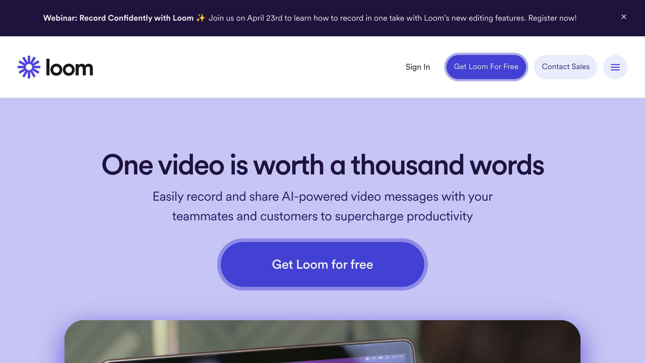 Screenshot of the Loom homepage with a purple and white color scheme, advertising the ability to "record and share AI-powered video messages" with a "Get Loom for free" button.
