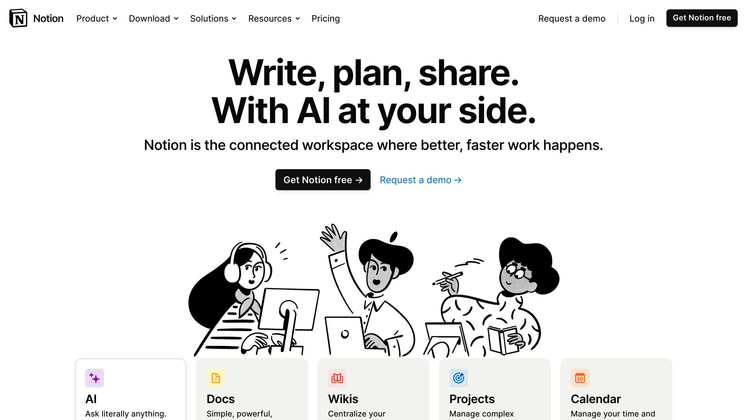 Screenshot of the Notion homepage, featuring the tagline "Write, plan, share. With AI at your side." It shows illustrated figures engaged in various tasks on laptops, with menu options for AI, Docs, Wikis, Projects, and Calendar.