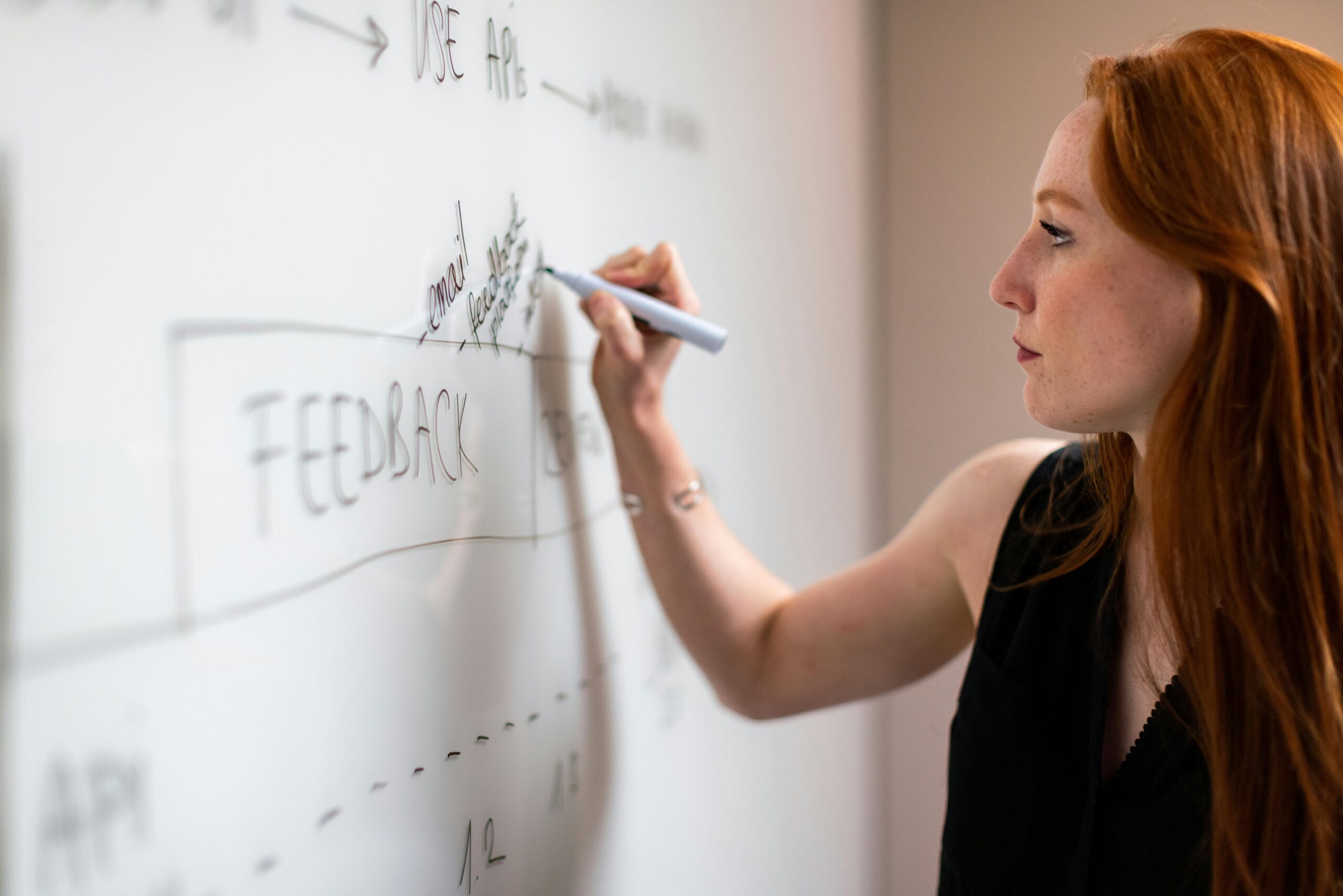 A woman with red hair writing on a whiteboard.