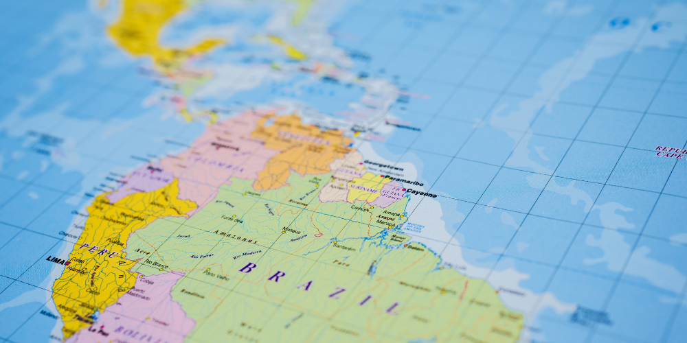 Close-up of a map focused on Brazil, indicative of the global reach staffing firms may have in sourcing talent.