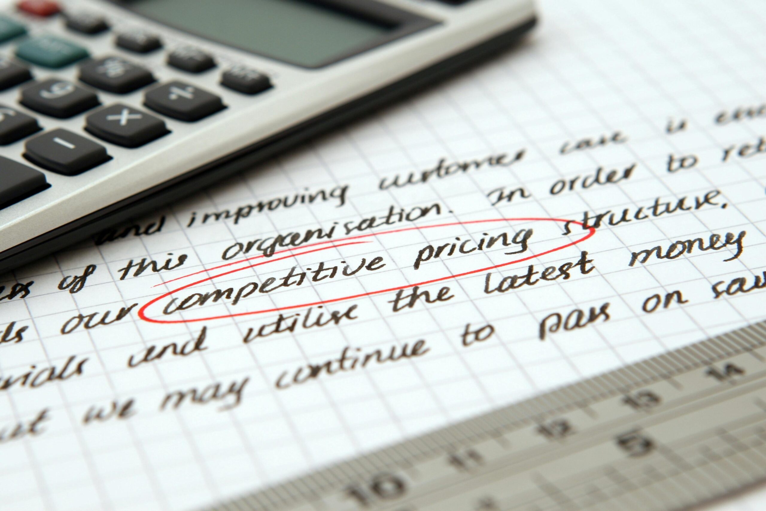 Handwritten notes on competitive pricing as part of the 7 marketing core functions.
