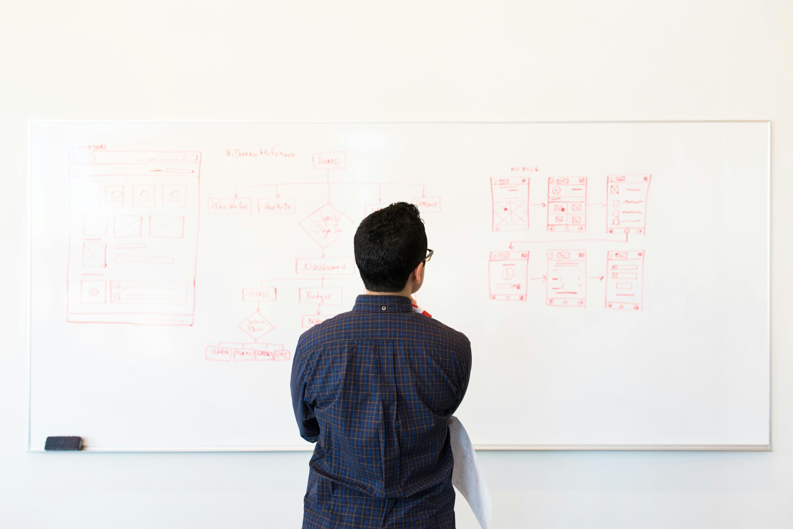 UX designer creating detailed plans on a whiteboard, illustrating the organized approach of outsourced UX designers.