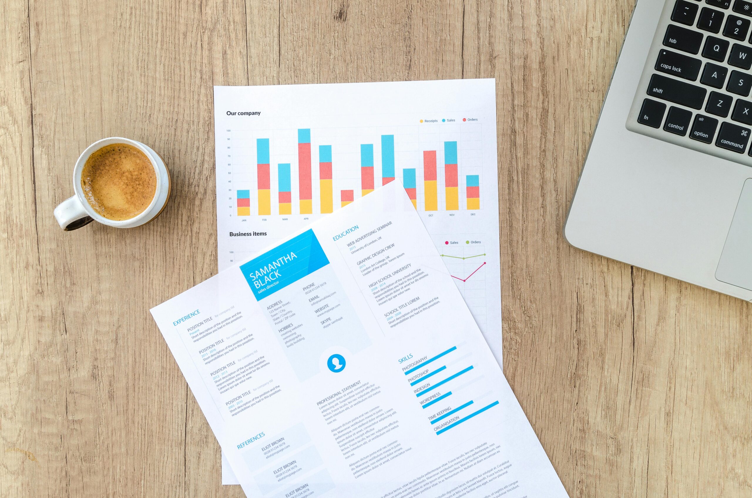 Documents on a table with charts and a coffee cup.