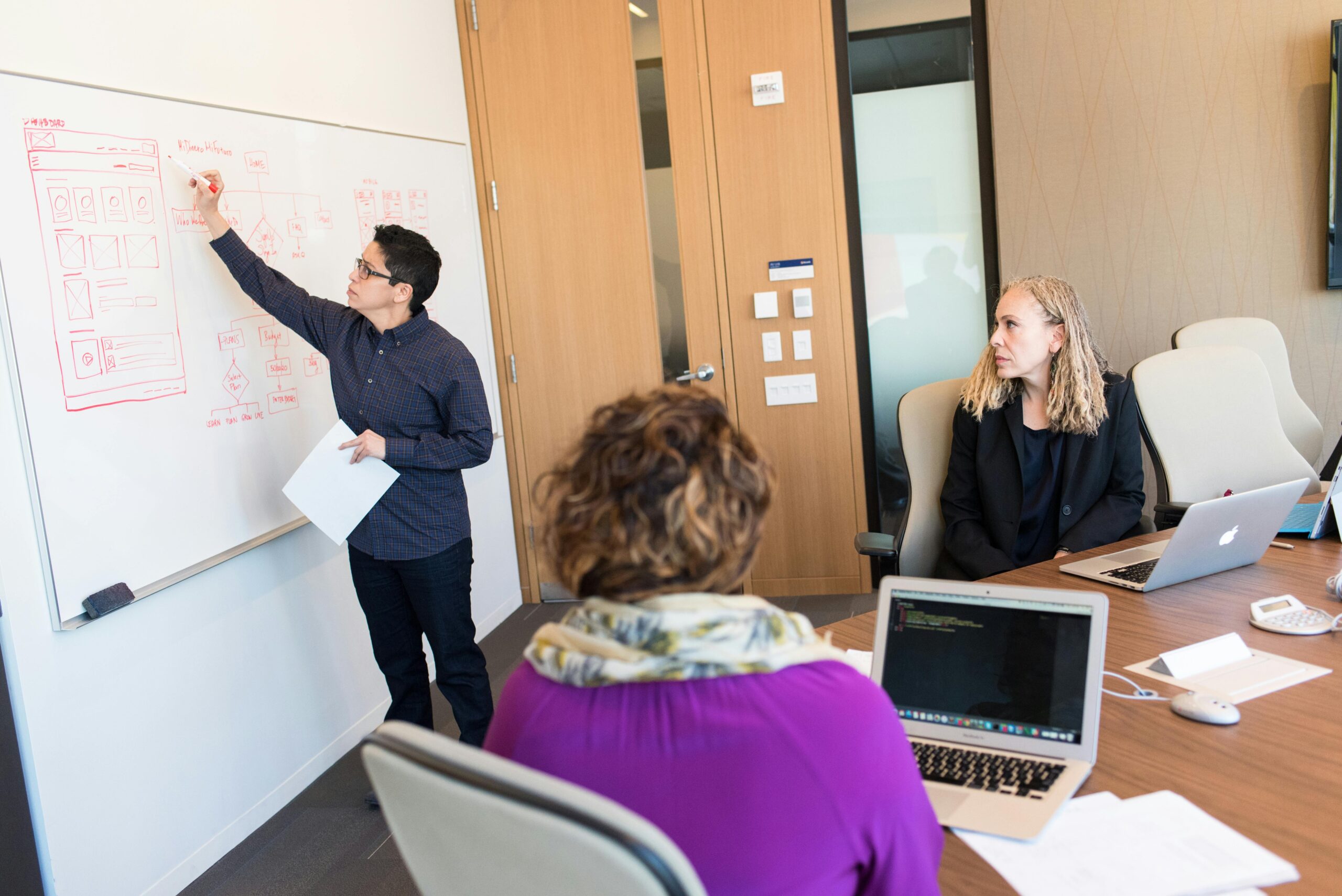 Team leader presenting remote team communication strategies on a whiteboard.