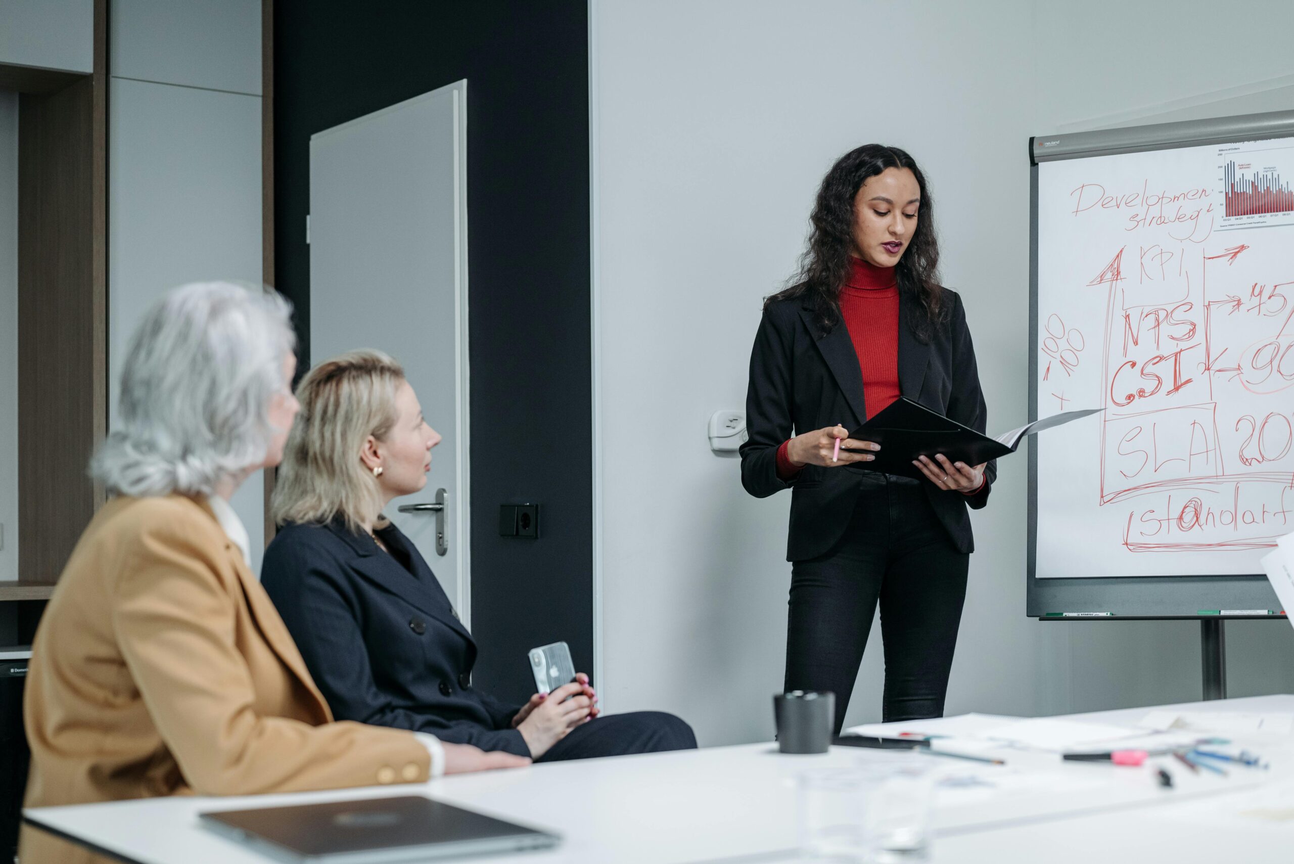 Woman presenting a development strategy to colleagues.